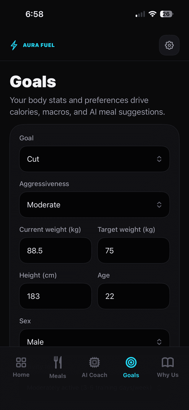 AURA FUEL AI Coach providing context-aware nutrition guidance