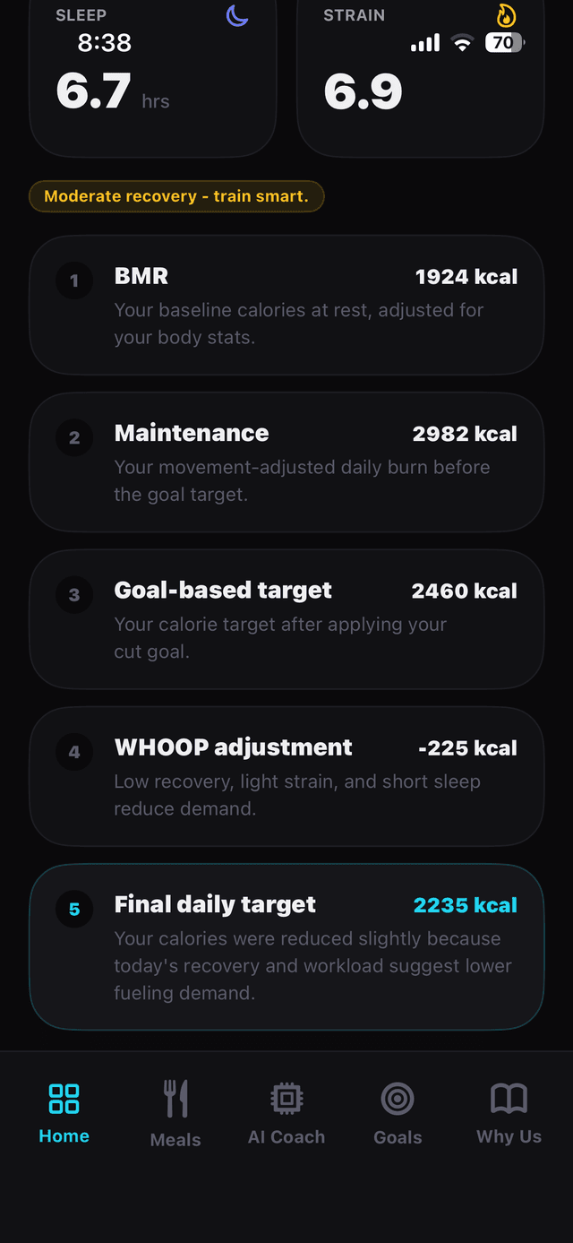AURA FUEL dashboard showing adaptive fuel target calculation