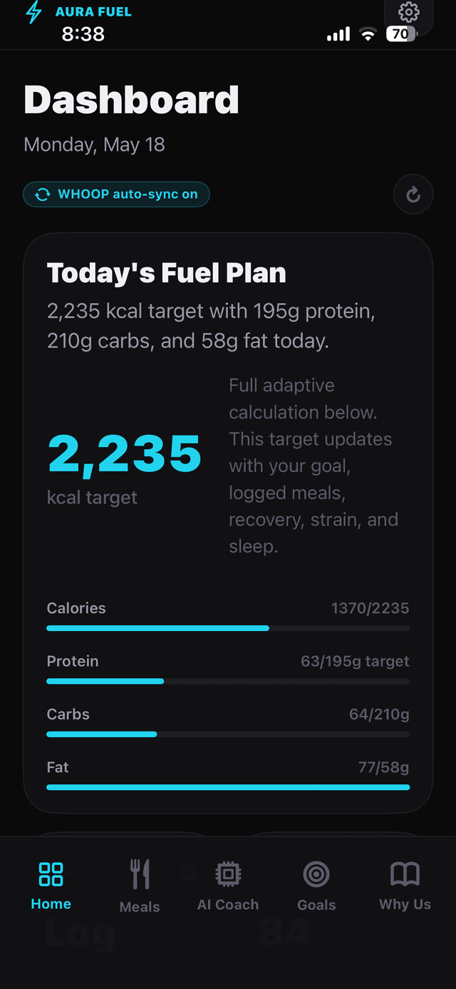 AURA FUEL Dashboard showing daily calorie target of 2,235 kcal with macro progress bars