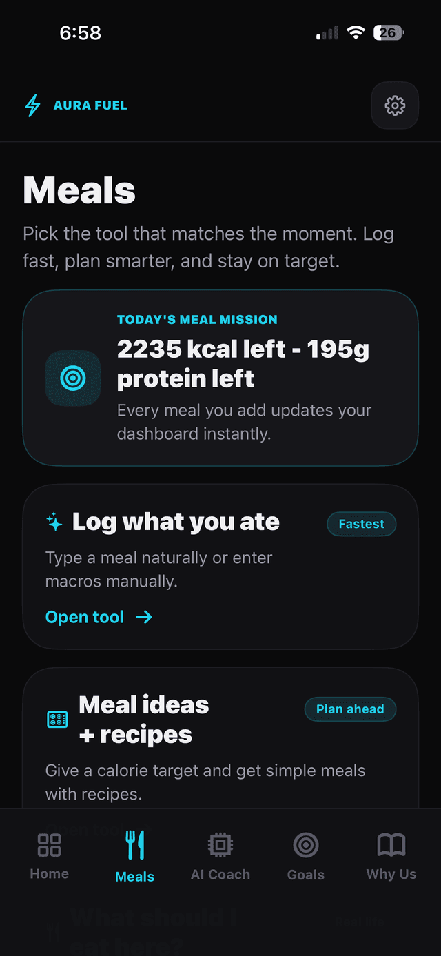 AURA FUEL Meals screen with meal mission, logging tools, and recipe generator