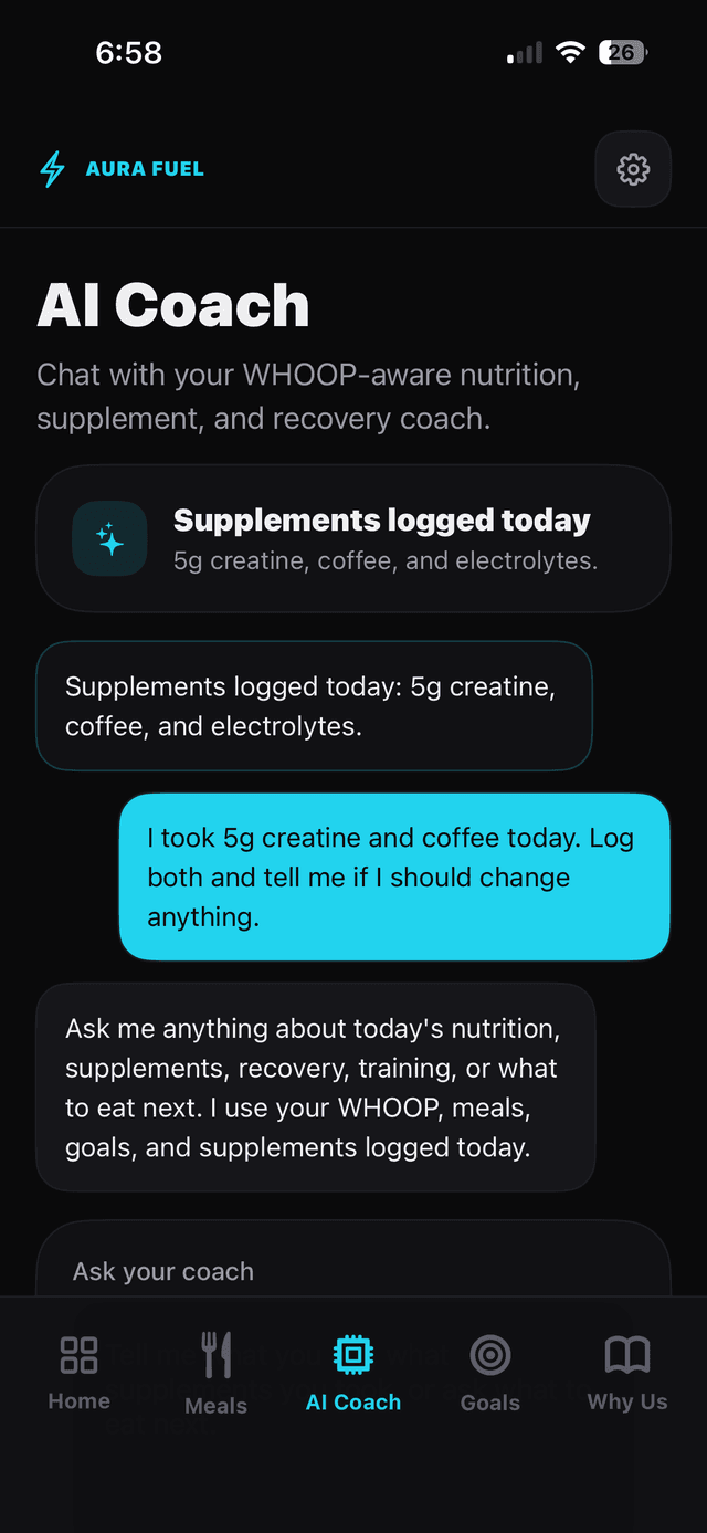 AURA FUEL Meals screen with meal mission, logging tools, and recipe generator